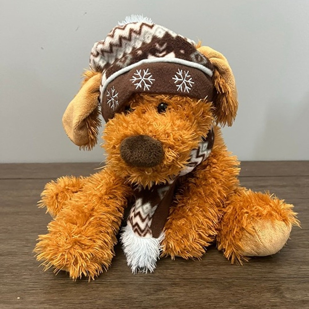 Hugfun International Winter Dog Plush Shaggy Brown Stuffed Animal Toy Hat Scarf